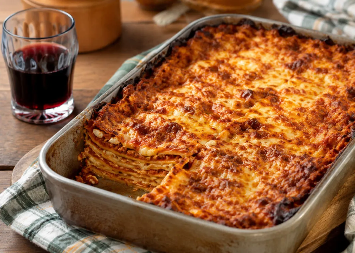 Lasaña vincisgrassi al horno en una bandeja metálica, con una costra de queso dorada y burbujeante y una copa de vino tinto