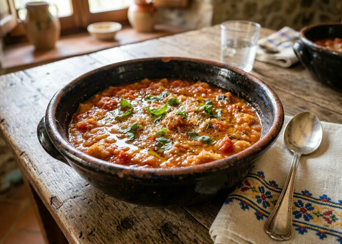 Cuenco rústico oscuro de pappa al pomodoro toscana, una espesa sopa de tomate y pan, decorada con hierbas frescas