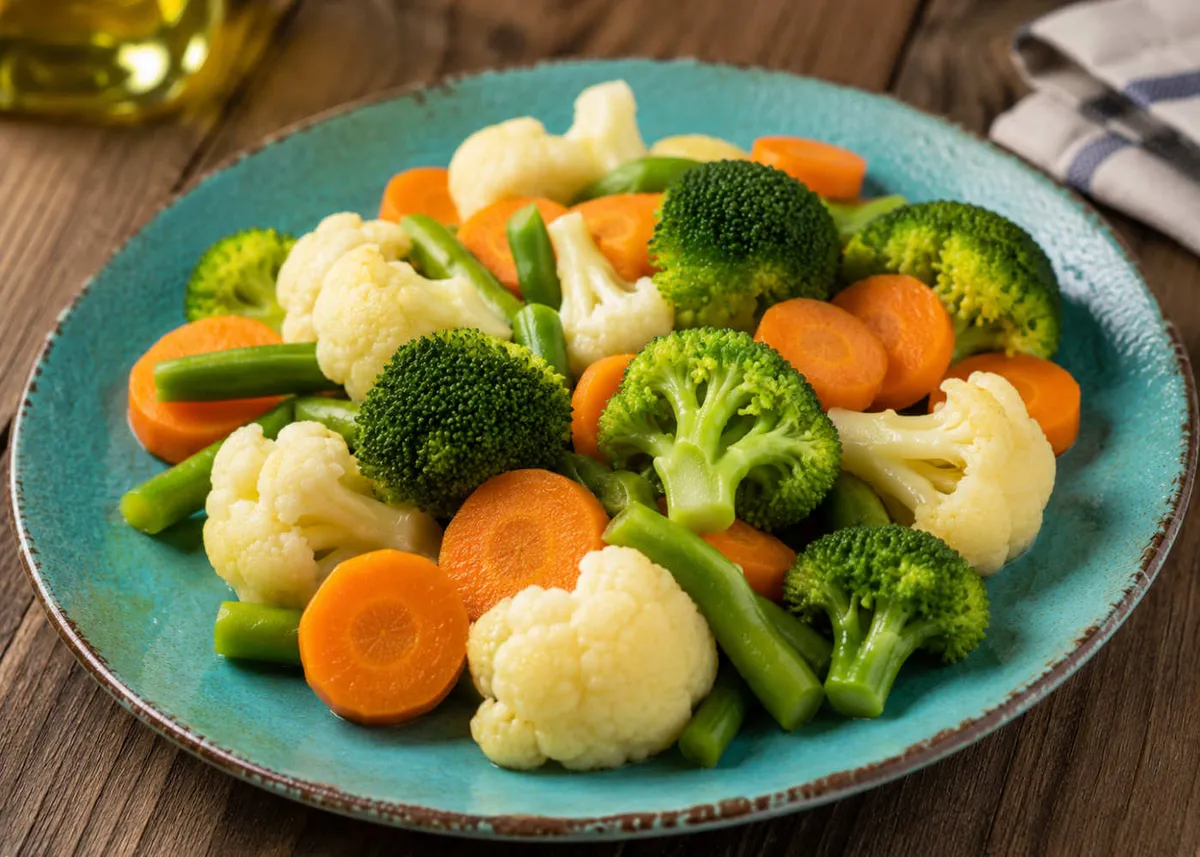 Brócoli, coliflor, zanahorias y judías verdes al vapor en un plato turquesa