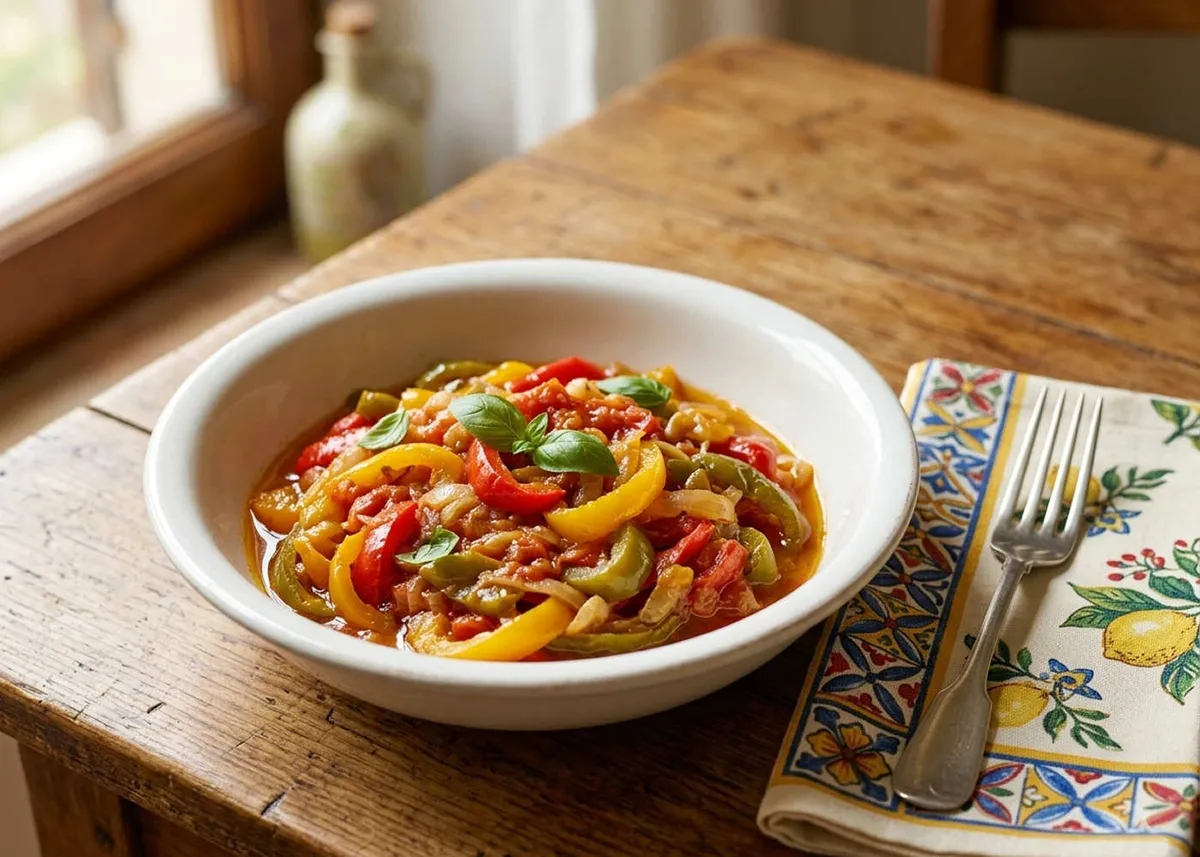 Cuenco de peperonata con pimientos rojos, amarillos y verdes estofados y una hoja de albahaca, junto a un tenedor sobre una servilleta estampada