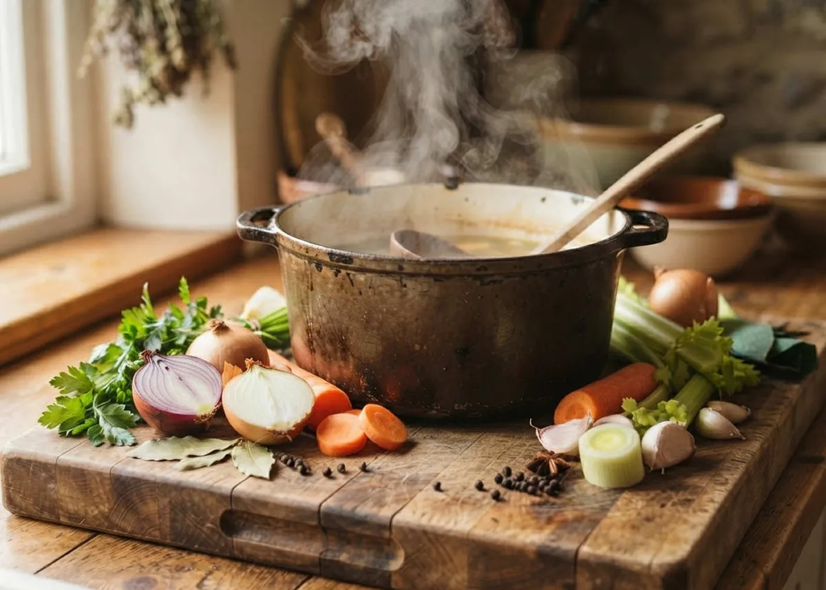 Olla humeante de caldo de verduras sobre una tabla rústica con cebollas, zanahorias, apio y granos de pimienta