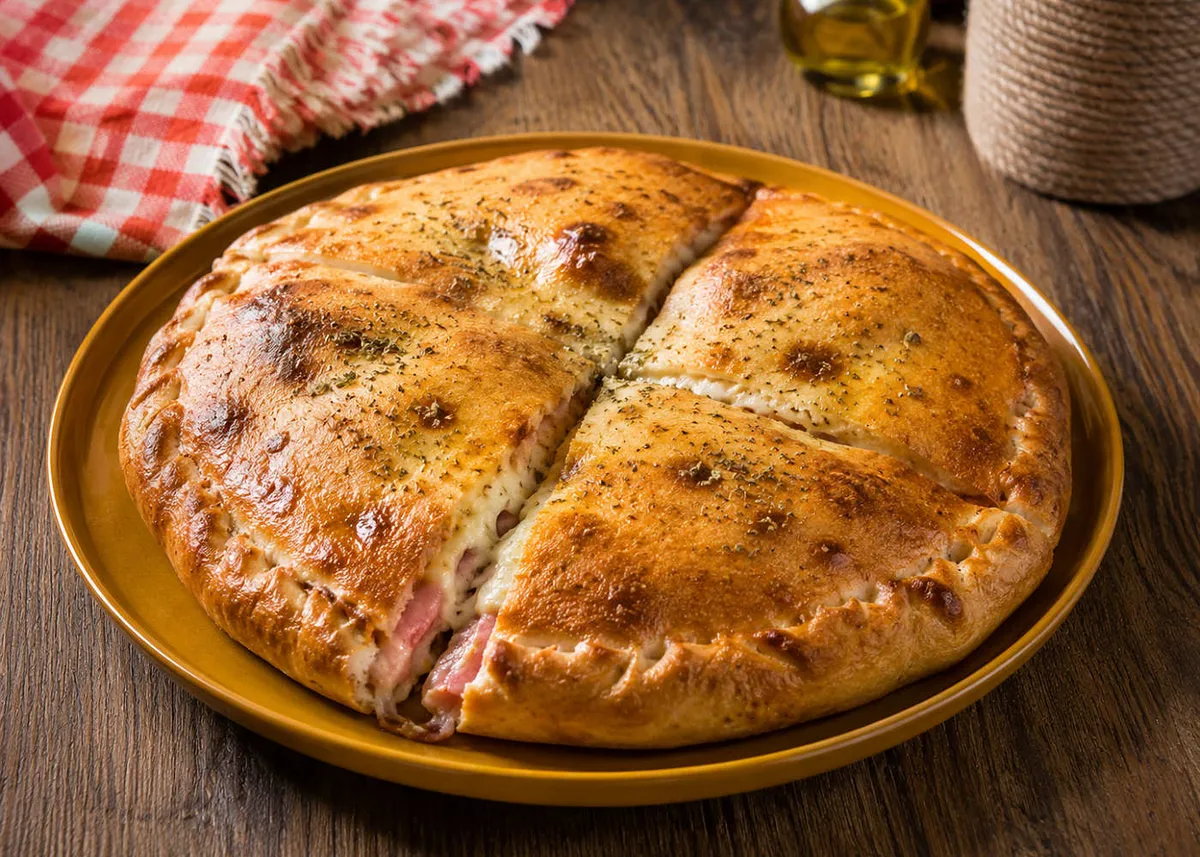 Pizzolo siciliano, un pan plano relleno redondo y dorado cortado en cuartos sobre un plato ámbar