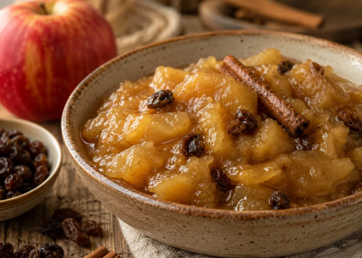 Cuenco de La Meletta, compota de manzana y canela, decorado con una rama de canela y pasas