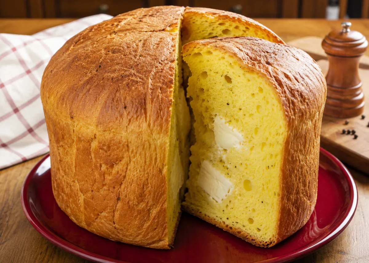 Pan de queso de Umbría, una hogaza alta y dorada abierta para mostrar la miga amarilla y blanda y el queso del interior
