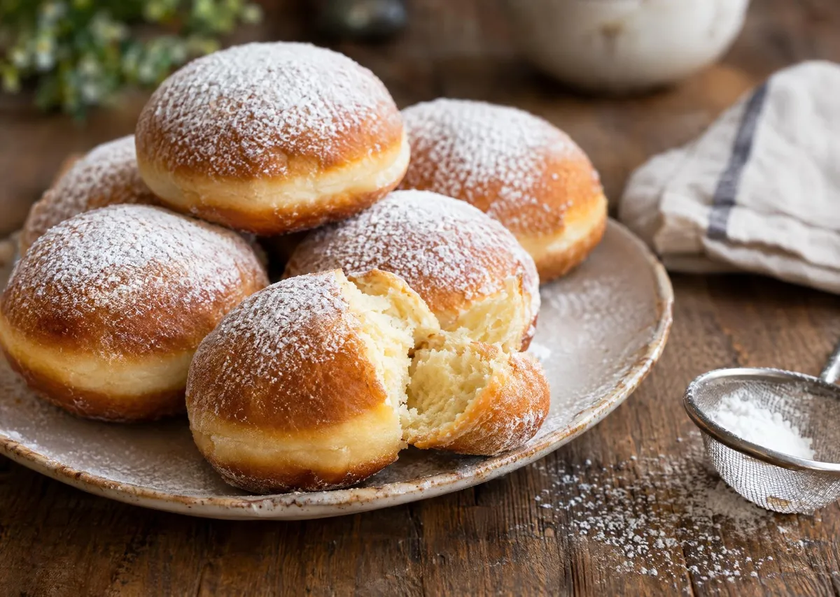 Bomboloni al horno con azúcar glas sobre un plato rústico, uno abierto para mostrar la miga suave y esponjosa