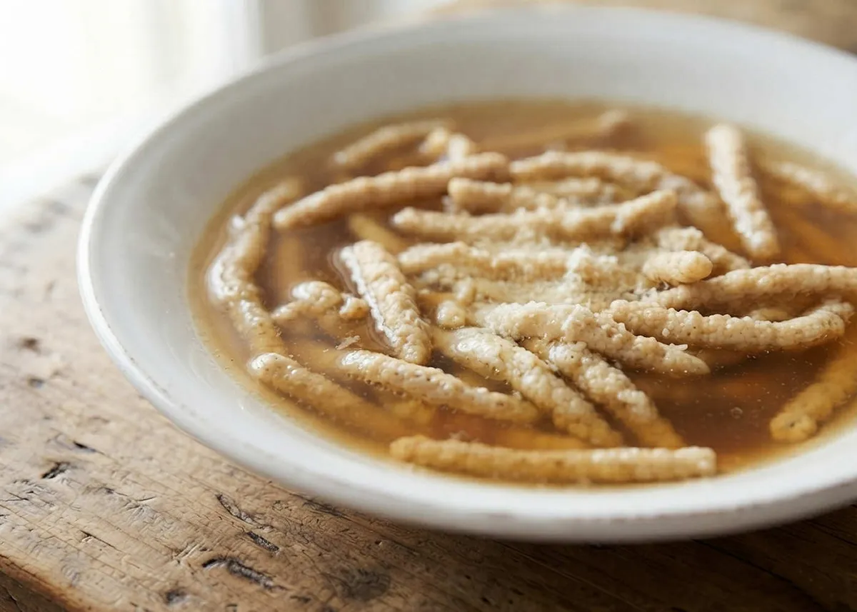 Passatelli cortos en un caldo dorado y claro en un cuenco blanco