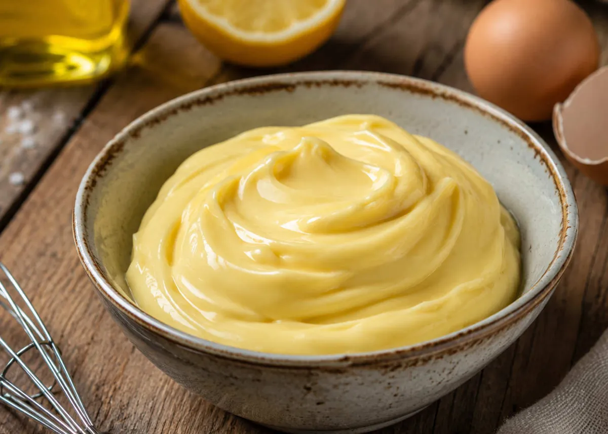 Cuenco de mayonesa casera lisa y de color amarillo pálido, removida con unas varillas, con un limón y un huevo detrás
