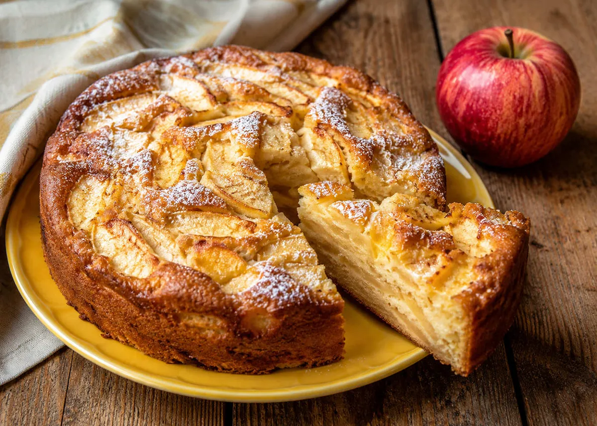 Tarta de manzana italiana espolvoreada con azúcar glas sobre un plato amarillo, con una porción cortada y una manzana roja al lado