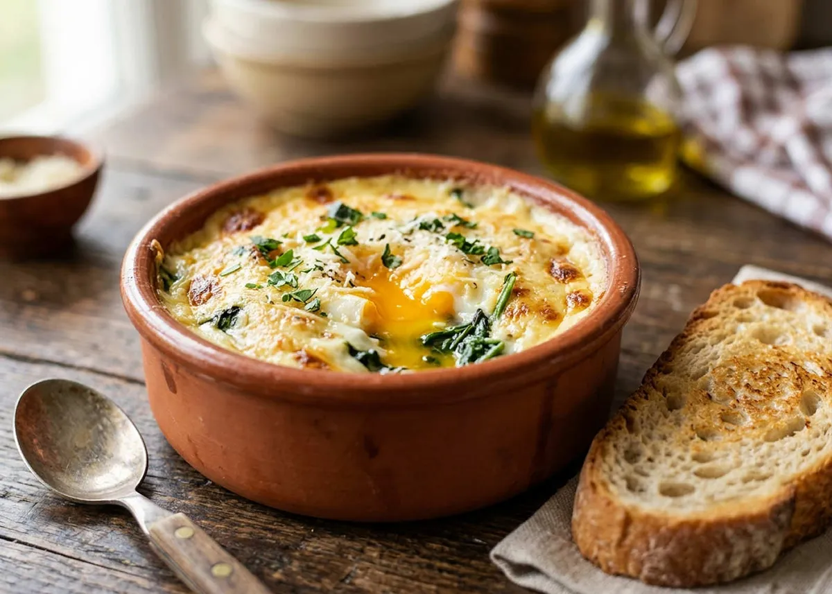 Huevos a la florentina al horno en una cazuelita de terracota, con bechamel de parmesano dorada sobre las espinacas