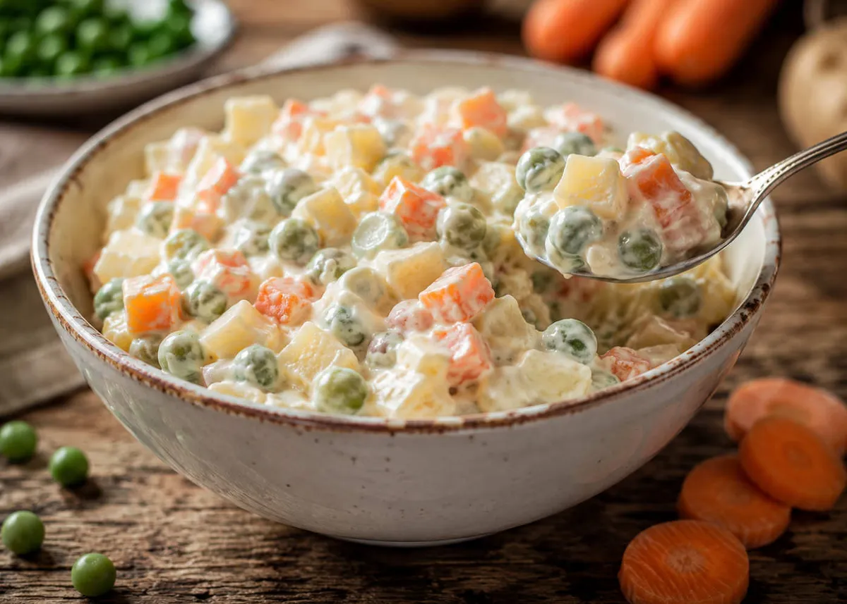 Insalata russa cremosa en un cuenco de cerámica blanco, con dados de patata y zanahoria a la vista