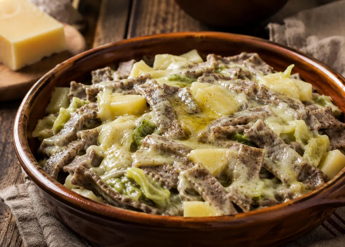 Pizzoccheri de la Valtellina en capas con queso de montaña fundido y mantequilla dorada con ajo
