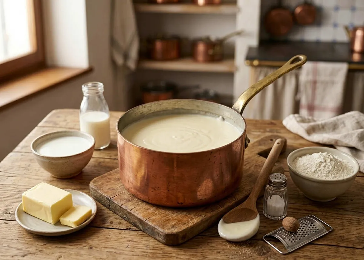 Cazo de cobre con salsa bechamel cremosa, con mantequilla, leche y harina sobre una mesa rústica