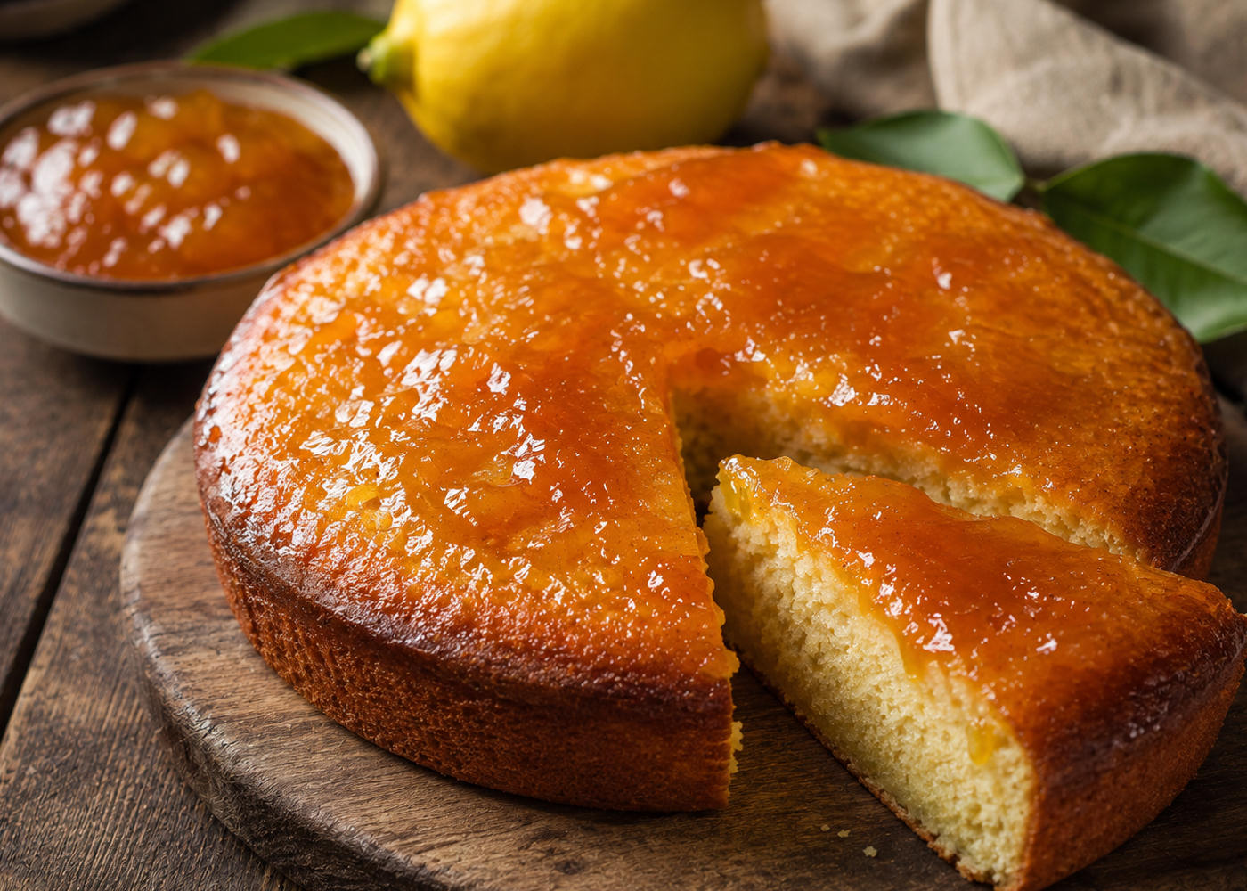Italian vegan jam cake sliced on a wooden board, showing the soft crumb and glossy apricot jam topping